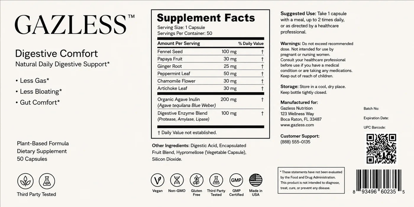 GAZLESS supplement facts label