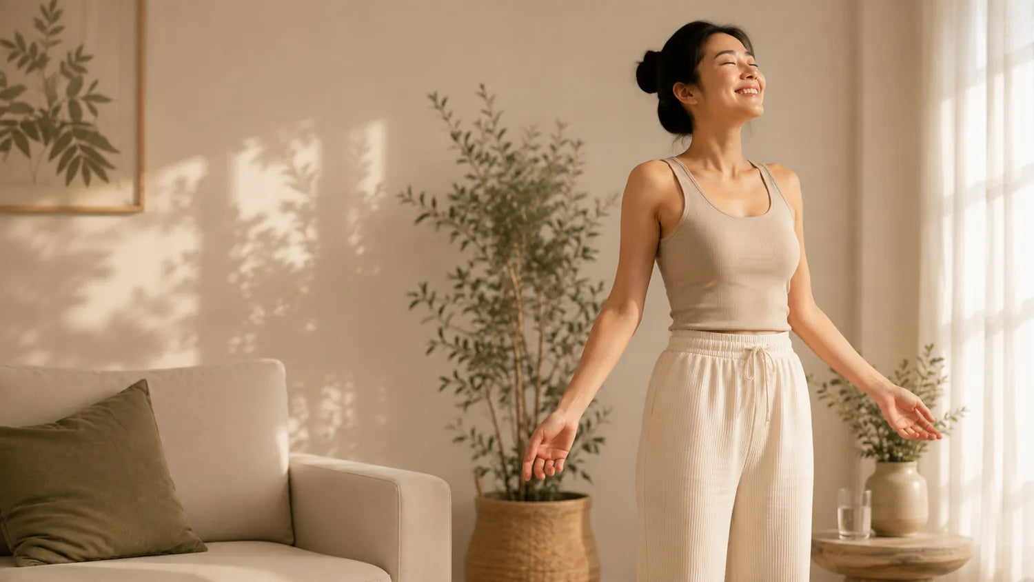 Day 14 — standing, relaxed, in the same living room