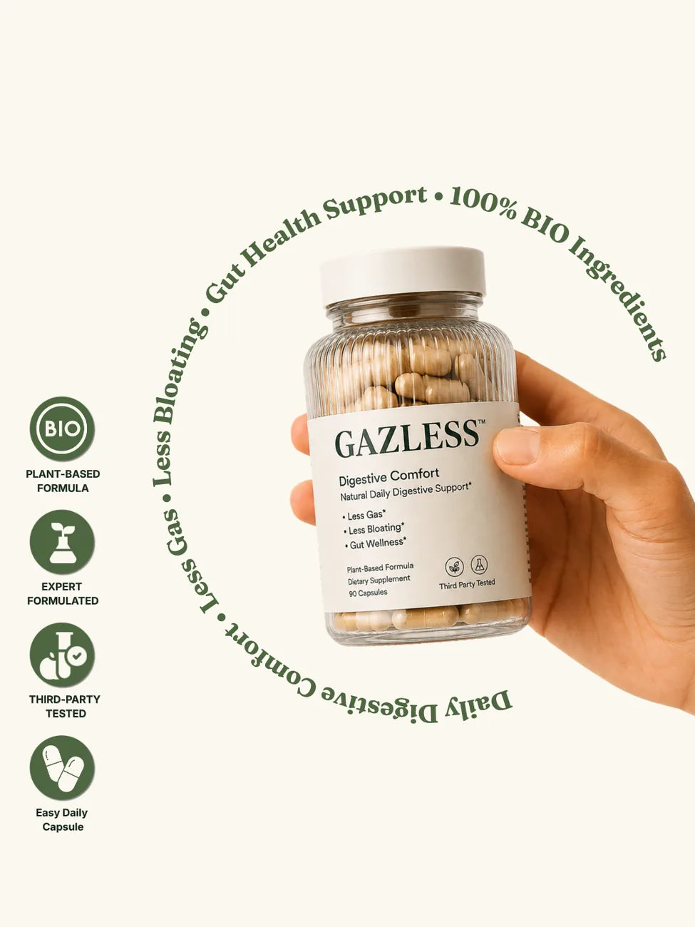 GAZLESS Digestive Comfort bottle held in hand