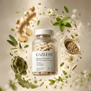 GAZLESS bottle surrounded by its botanicals