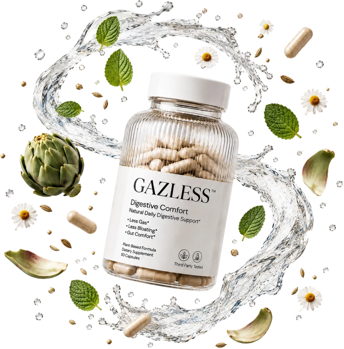 GAZLESS Digestive Comfort bottle with a swirl of water and botanicals